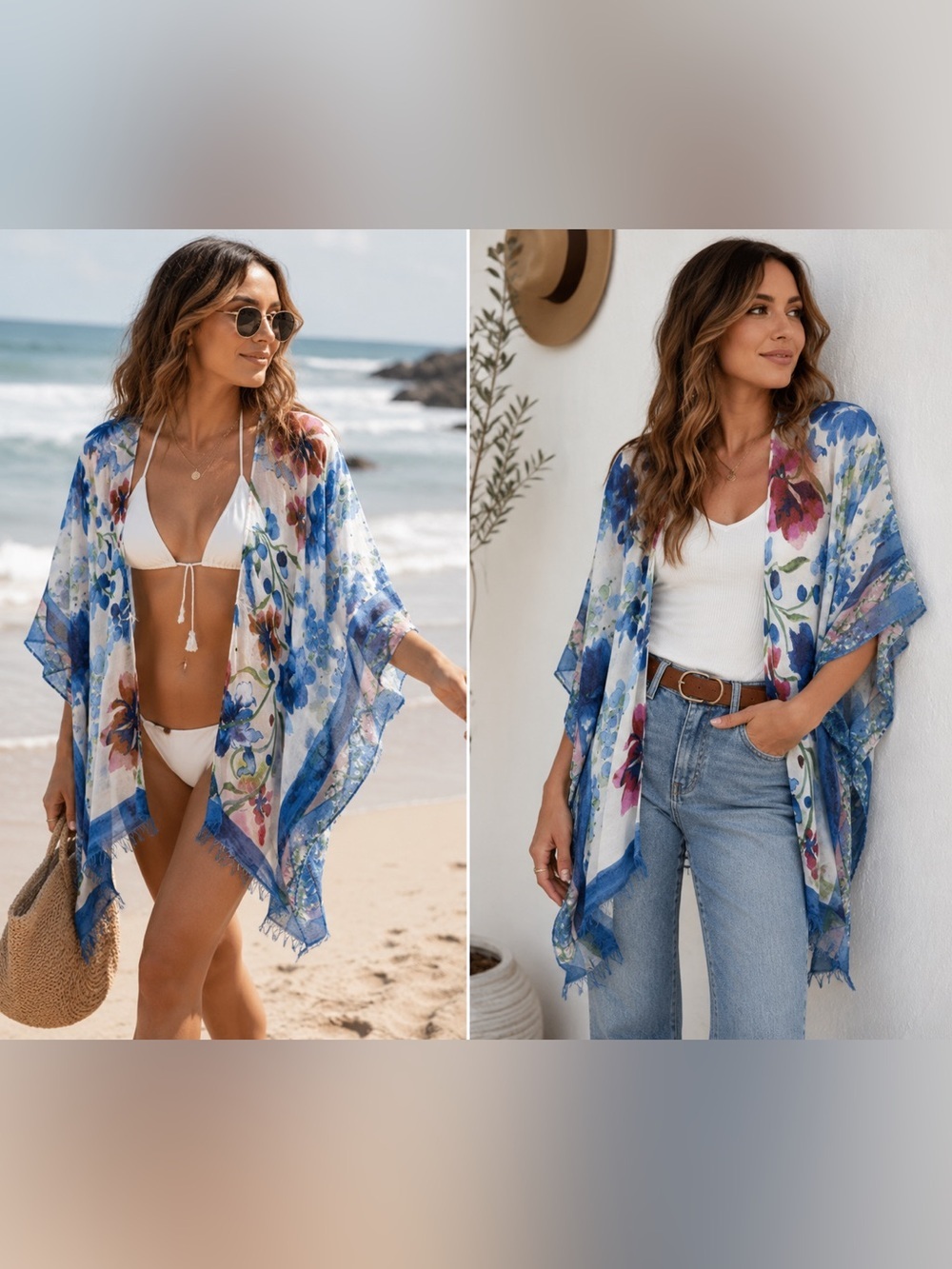 Shalimar Accessories Floral Kimono Cover Up Blue Watercolor Boho Resort One Size